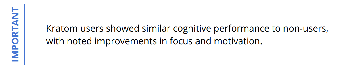 Important - Kratom users showed similar cognitive performance to non-users, with noted improvements in focus and motivation.